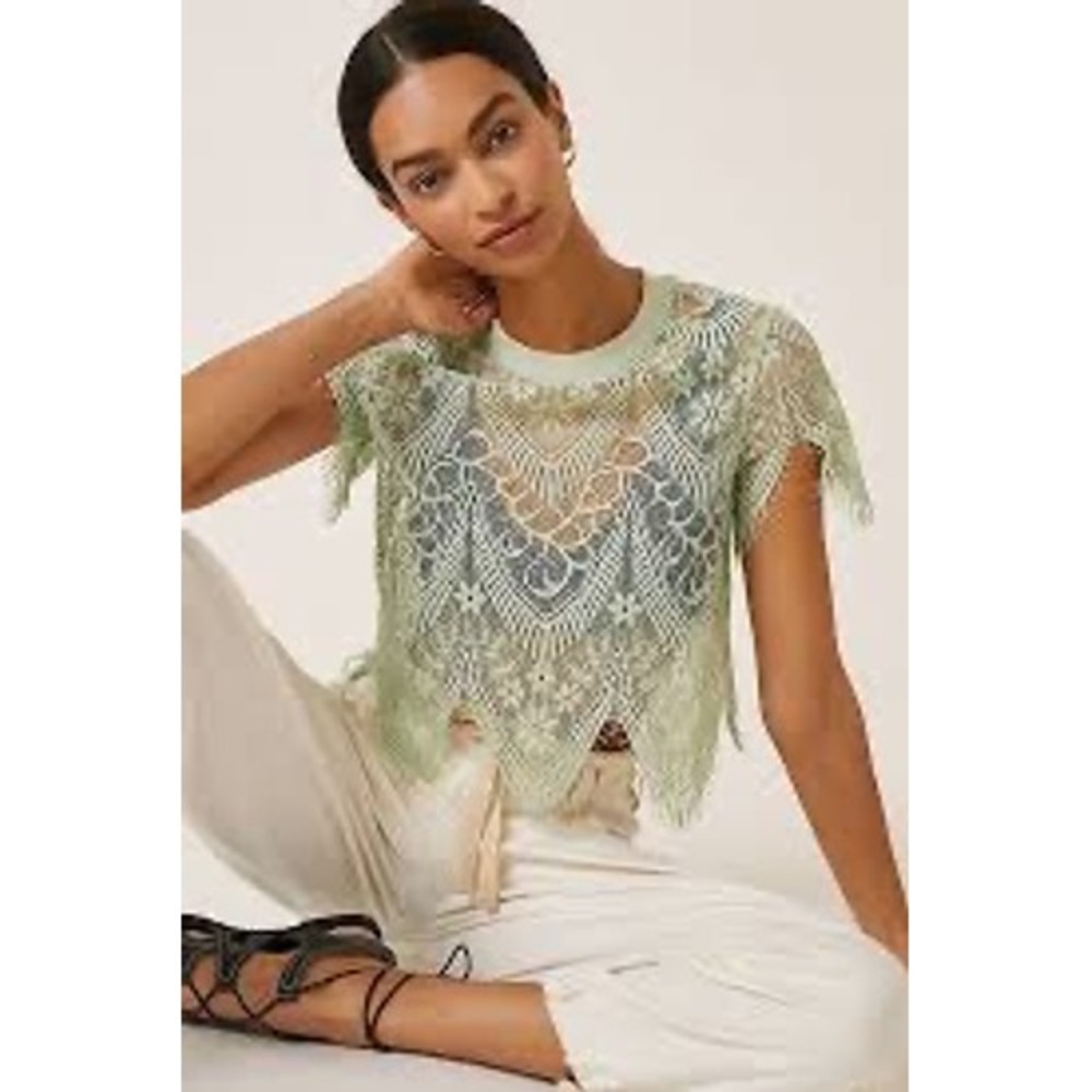Anthropologie Bishop + Young Mint Green Floral Lace Scalloped